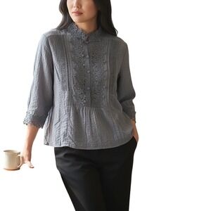 Paposon Gray Pintuck Floral Lace Trim Button Front 3/4 Sleeve Blouse S-Victorian